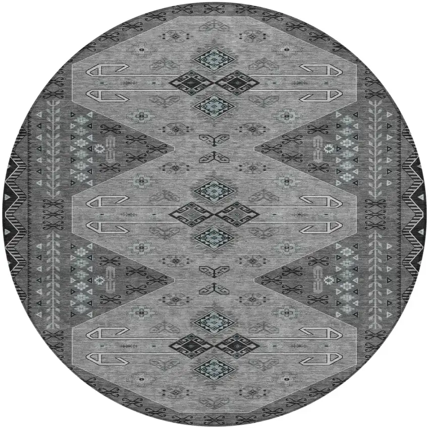 Charcoal And Black Round Geometric Washable Indoor Outdoor Area Rug Photo 1