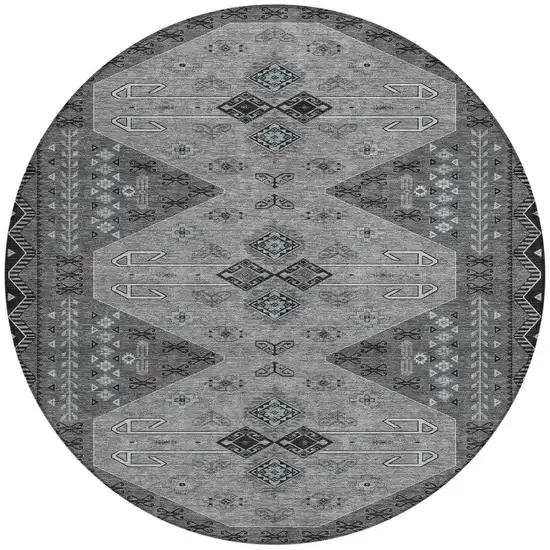Charcoal And Black Round Geometric Washable Indoor Outdoor Area Rug Photo 3