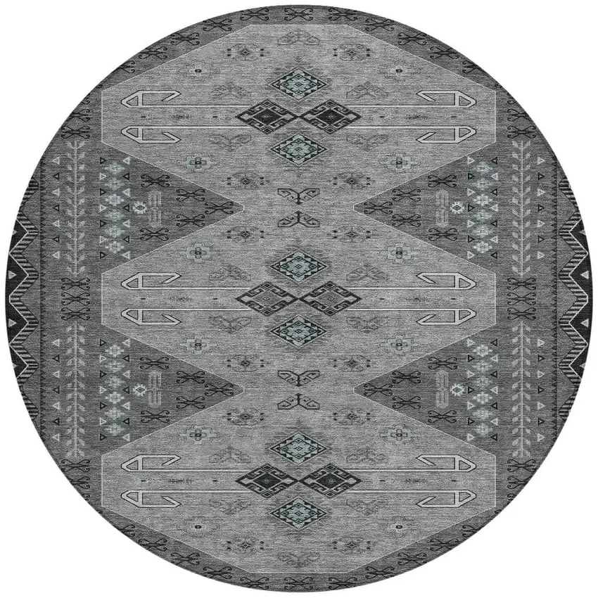 Charcoal And Black Round Geometric Washable Indoor Outdoor Area Rug Photo 3