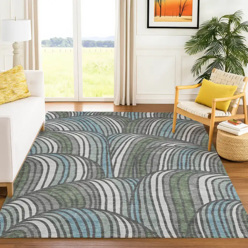 Charcoal And Blue Abstract Washable Indoor Outdoor Area Rug Photo 6