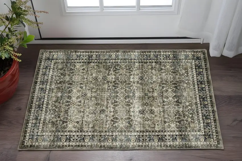 Charcoal And Blue Oriental Distressed Area Rug Photo 1