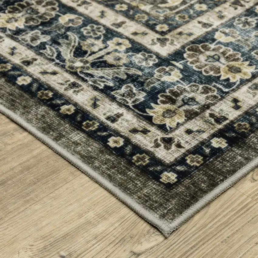 Charcoal And Blue Oriental Distressed Area Rug Photo 5