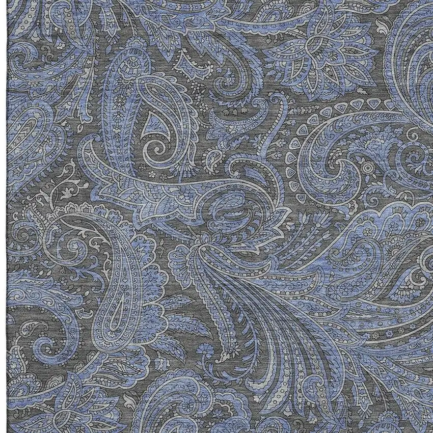 Charcoal And Blue Paisley Washable Area Rug With UV Protection Photo 3