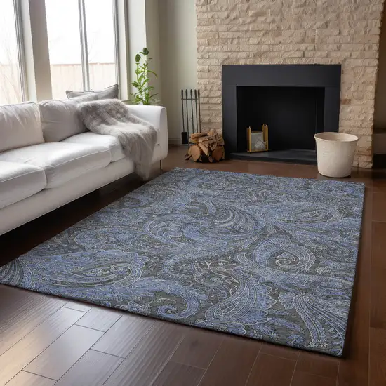 Charcoal And Blue Paisley Washable Area Rug With UV Protection Photo 5