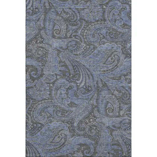 Charcoal And Blue Paisley Washable Area Rug With UV Protection Photo 1