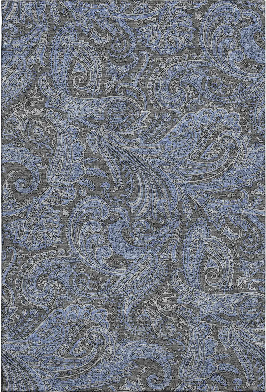 Charcoal And Blue Paisley Washable Area Rug With UV Protection Photo 1