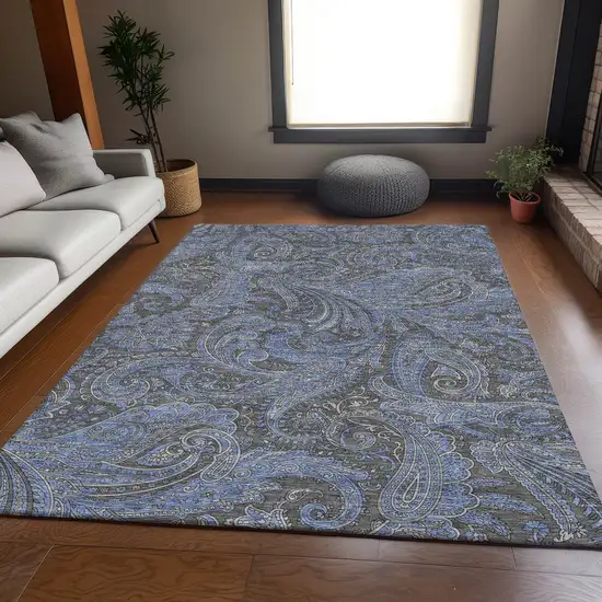 Charcoal And Blue Paisley Washable Area Rug With UV Protection Photo 4