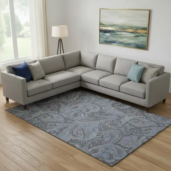 Charcoal And Blue Paisley Washable Area Rug With UV Protection Photo 1