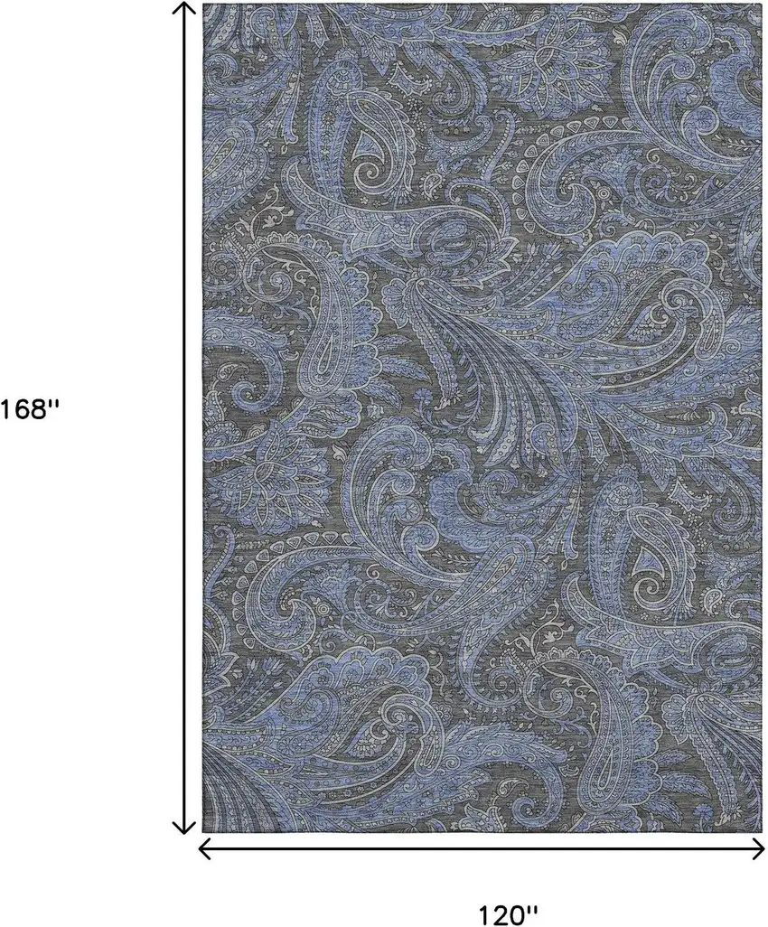 Charcoal And Blue Paisley Washable Area Rug With UV Protection Photo 3