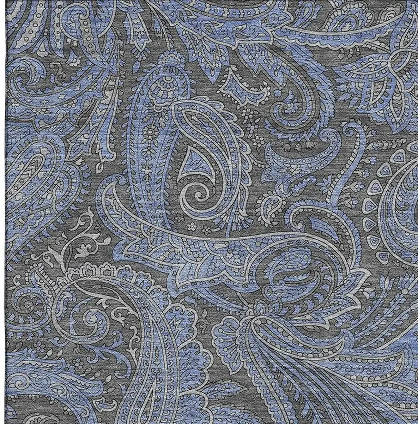 Charcoal And Blue Paisley Washable Area Rug With UV Protection Photo 2