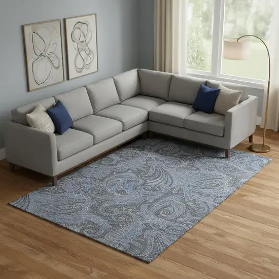 Charcoal And Blue Paisley Washable Area Rug With UV Protection Photo 1