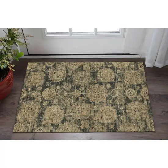 Charcoal And Brown Floral Washable Area Rug With UV Protection Photo 2