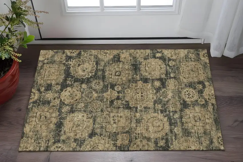 Charcoal And Brown Floral Washable Area Rug With UV Protection Photo 2