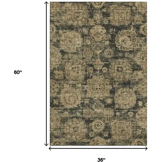 Charcoal And Brown Floral Washable Area Rug With UV Protection Photo 3