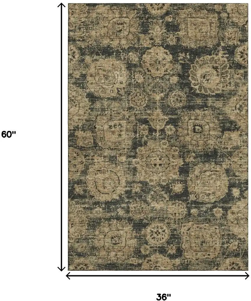 Charcoal And Brown Floral Washable Area Rug With UV Protection Photo 3
