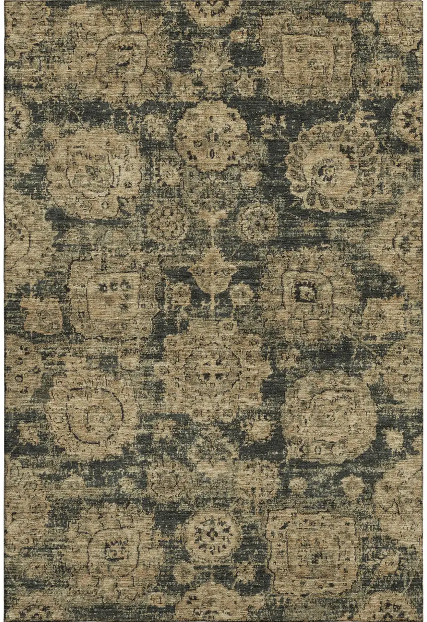 Charcoal And Brown Floral Washable Area Rug With UV Protection Photo 1