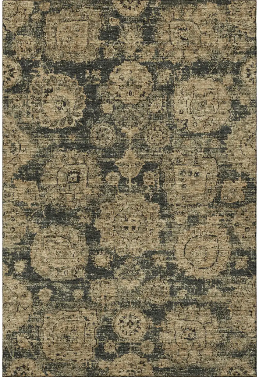 Charcoal And Brown Floral Washable Area Rug With UV Protection Photo 3