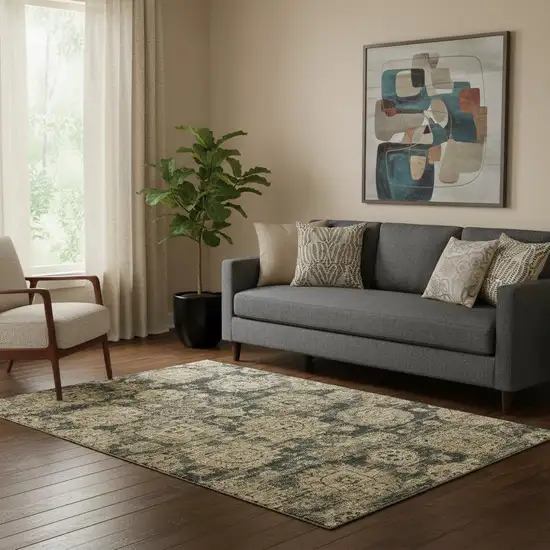 Charcoal And Brown Floral Washable Area Rug With UV Protection Photo 1