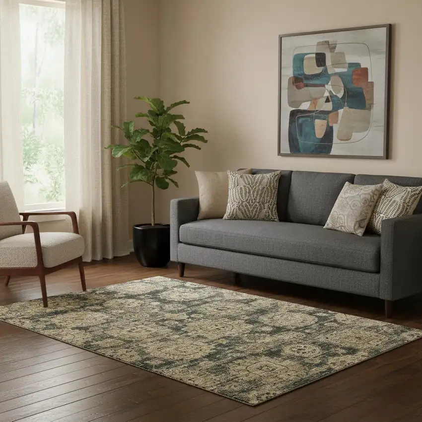 Charcoal And Brown Floral Washable Area Rug With UV Protection Photo 1