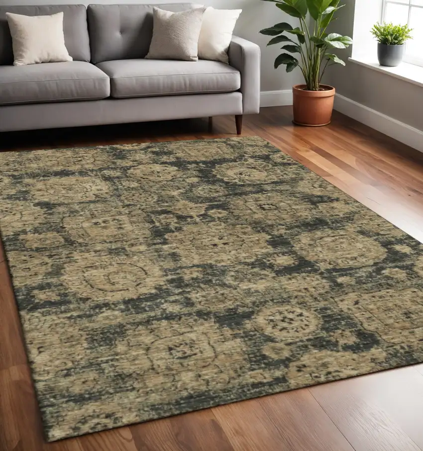 Charcoal And Brown Floral Washable Area Rug With UV Protection Photo 2