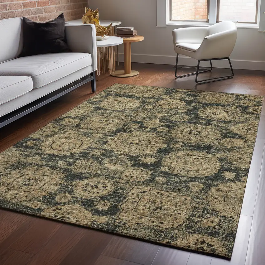 Charcoal And Brown Floral Washable Area Rug With UV Protection Photo 3