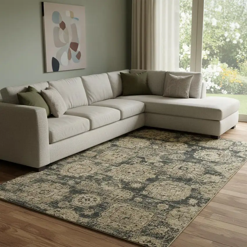 Charcoal And Brown Floral Washable Area Rug With UV Protection Photo 1