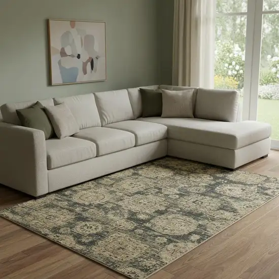 Charcoal And Brown Floral Washable Area Rug With UV Protection Photo 1