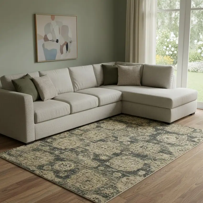 Charcoal And Brown Floral Washable Area Rug With UV Protection Photo 1