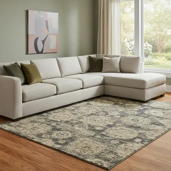 Charcoal And Brown Floral Washable Area Rug With UV Protection Photo 1