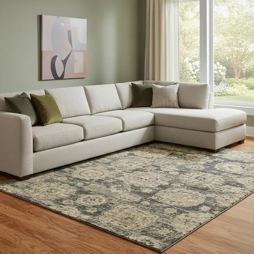 Charcoal And Brown Floral Washable Area Rug With UV Protection Photo 1