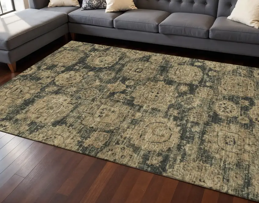 Charcoal And Brown Floral Washable Area Rug With UV Protection Photo 2