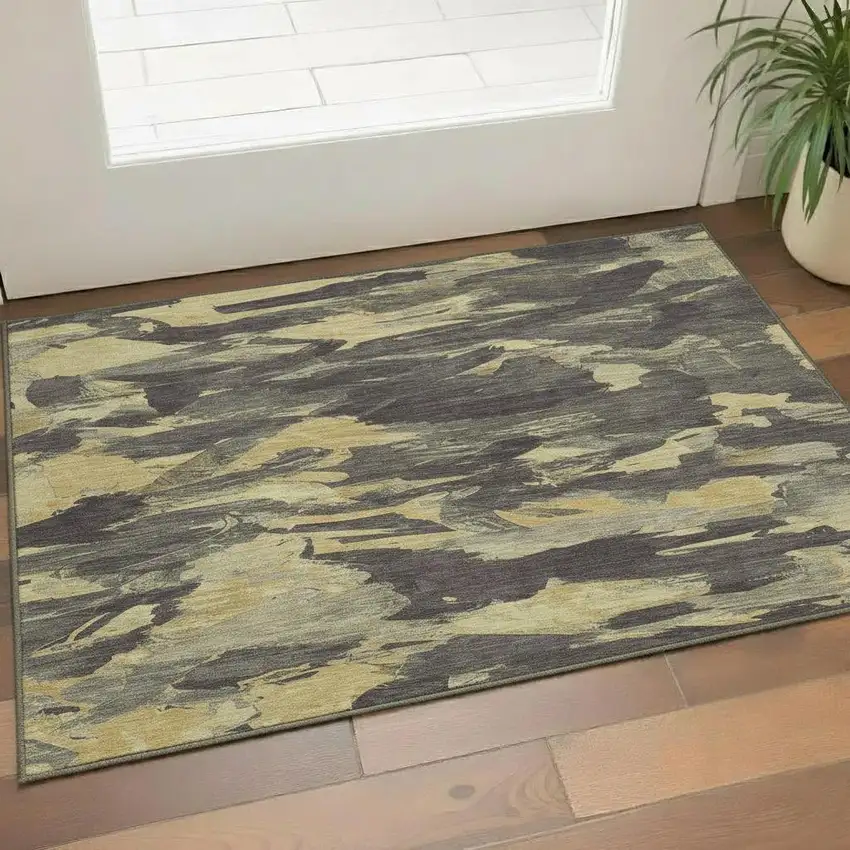 Charcoal And Gold Abstract Washable Area Rug With UV Protection Photo 2