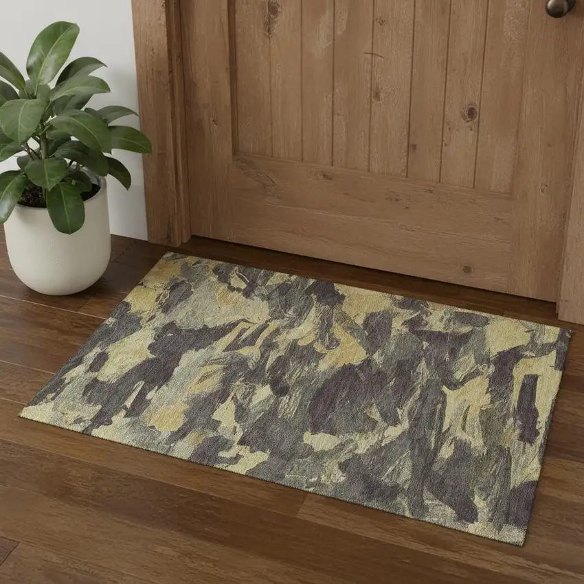 Charcoal And Gold Abstract Washable Area Rug With UV Protection Photo 1