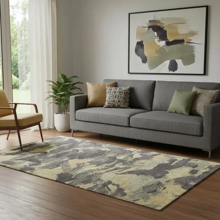 Charcoal And Gold Abstract Washable Area Rug With UV Protection Photo 2