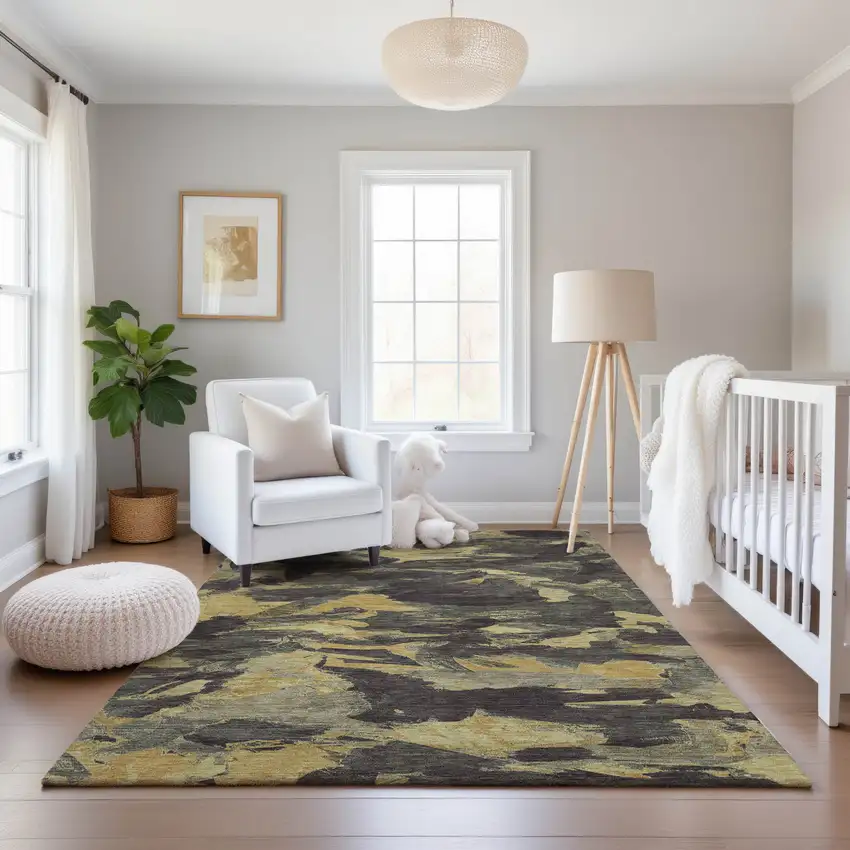 Charcoal And Gold Abstract Washable Area Rug With UV Protection Photo 5