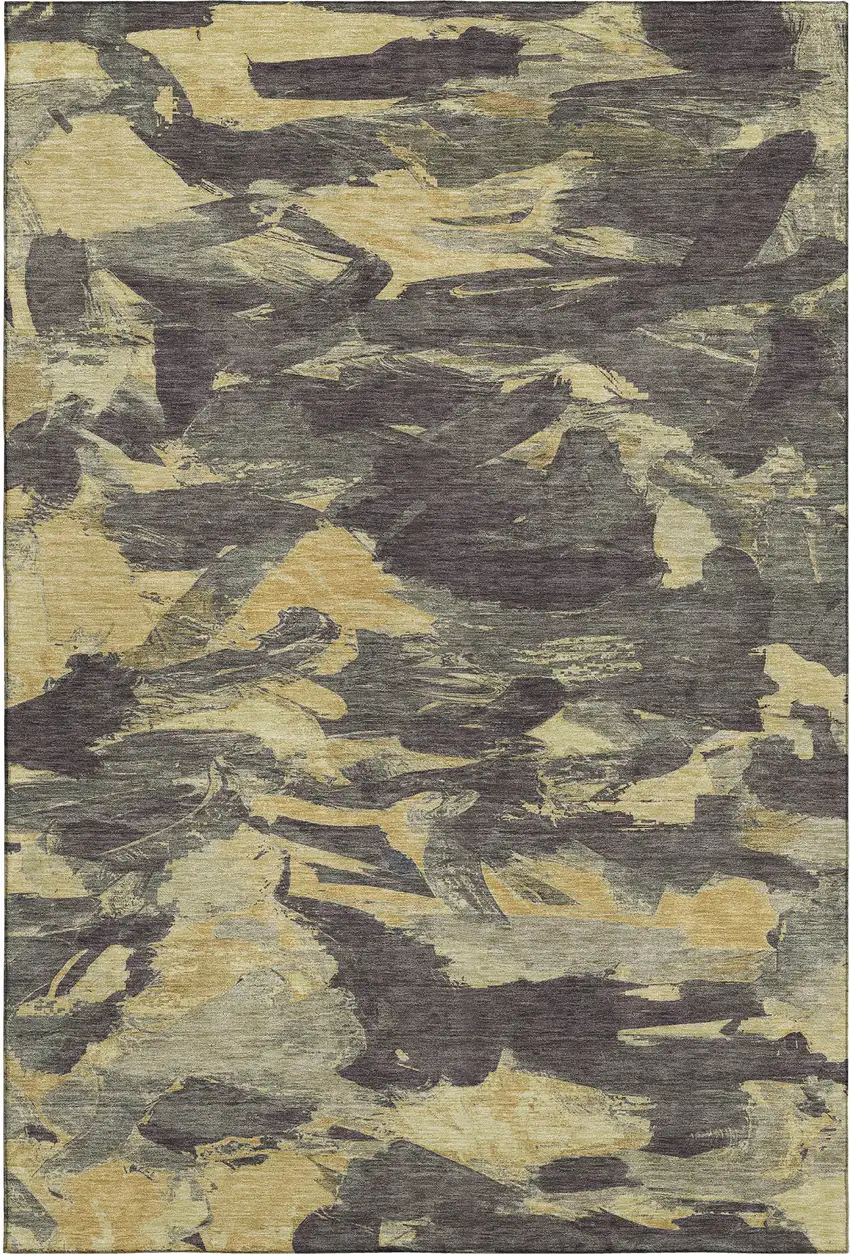 Charcoal And Gold Abstract Washable Area Rug With UV Protection Photo 1