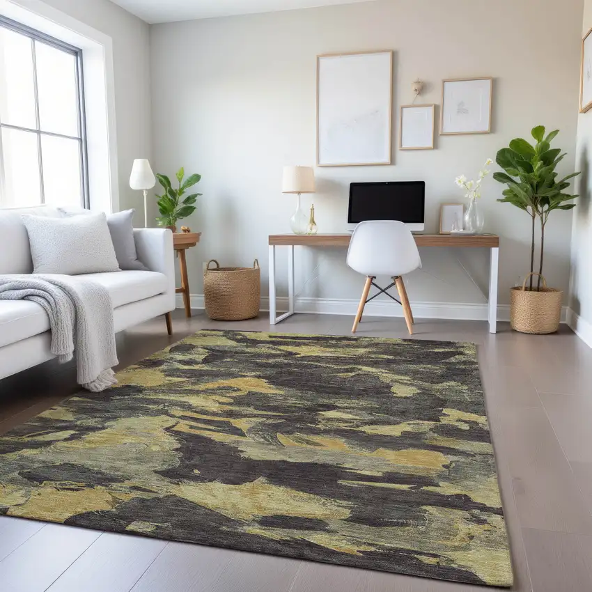 Charcoal And Gold Abstract Washable Area Rug With UV Protection Photo 4