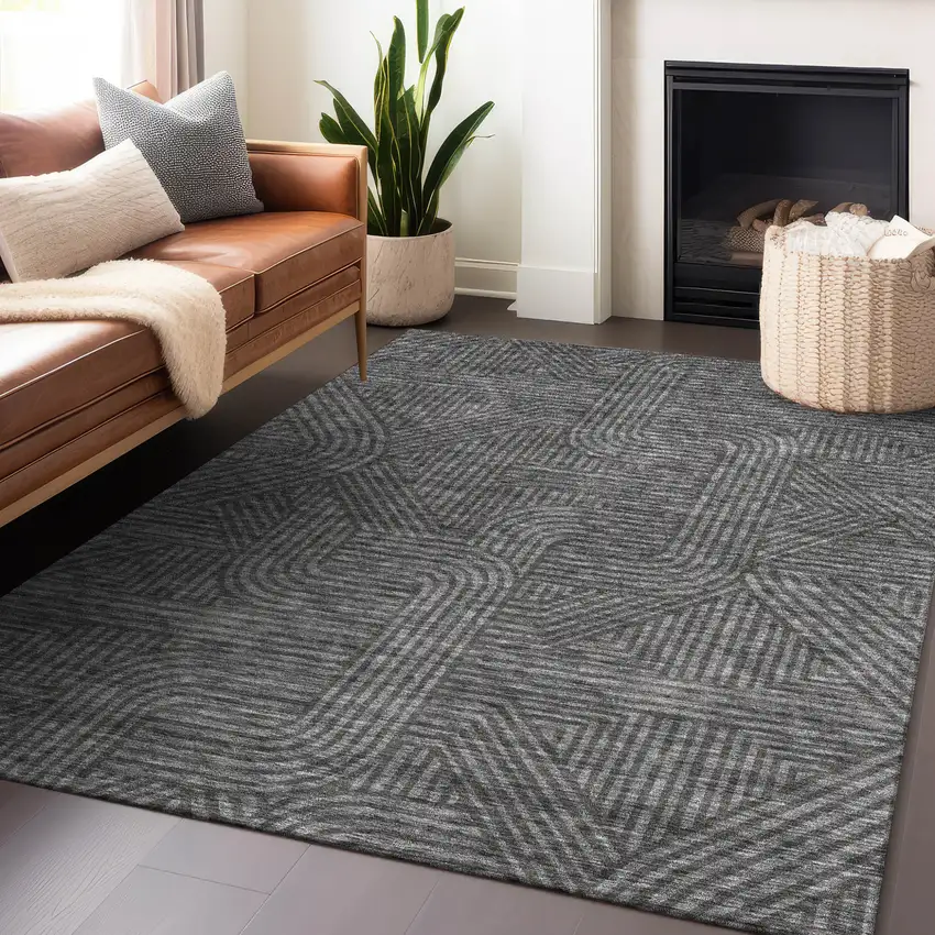 Charcoal And Gray Abstract Washable Indoor Outdoor Area Rug Photo 9