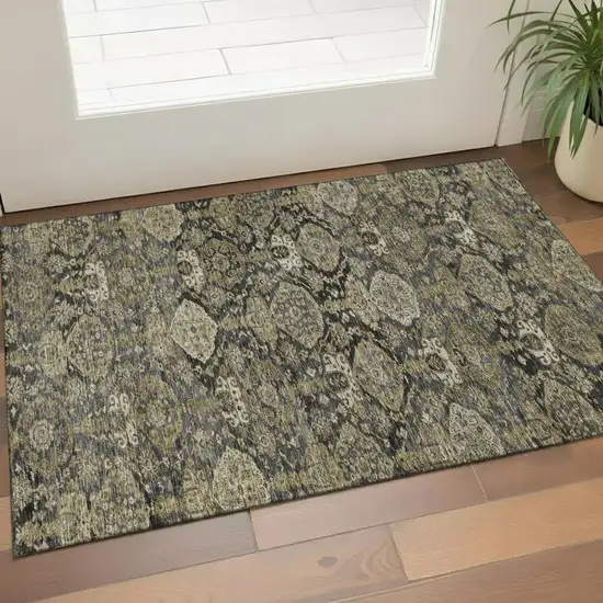 Charcoal And Gray Damask Washable Area Rug With UV Protection Photo 1