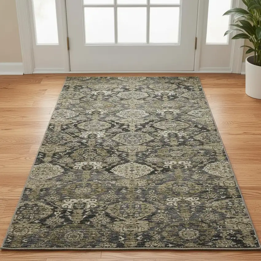 Charcoal And Gray Damask Washable Area Rug With UV Protection Photo 2