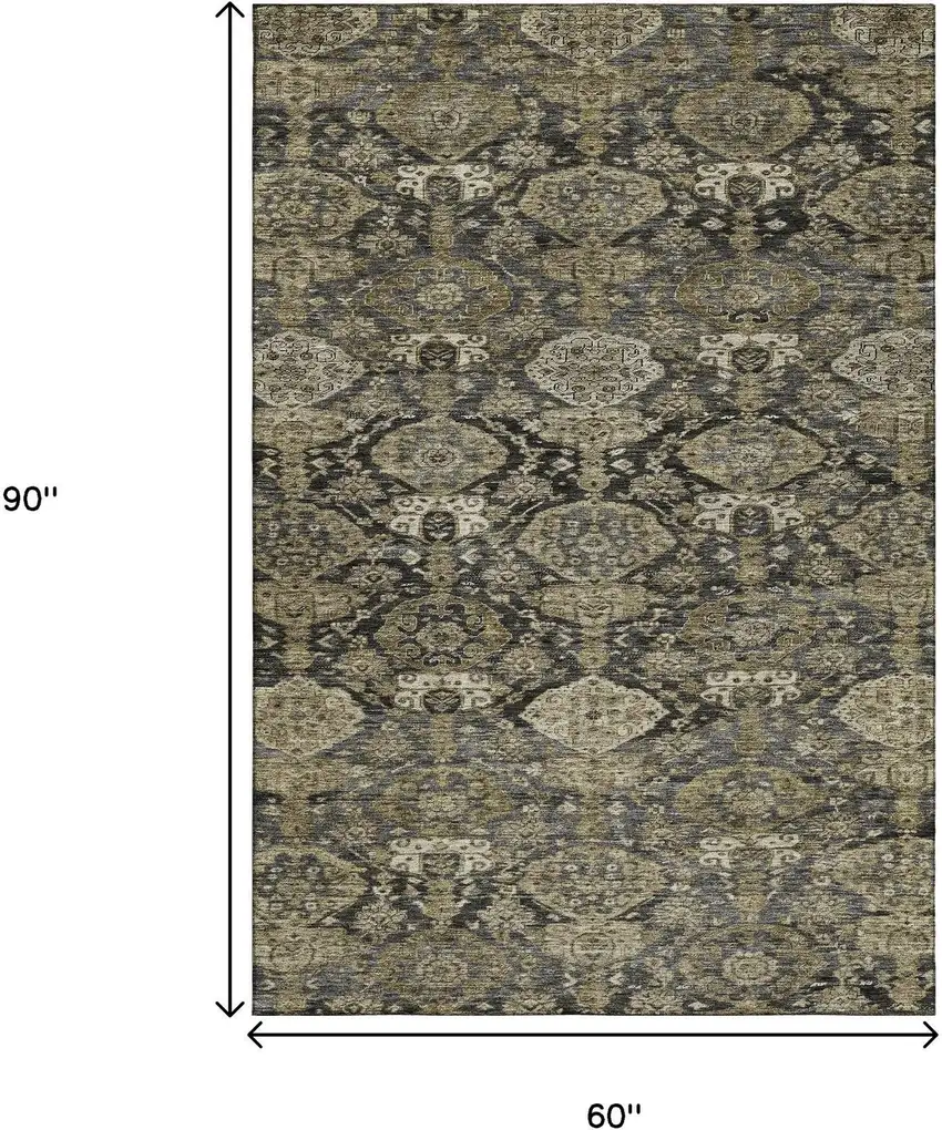 Charcoal And Gray Damask Washable Area Rug With UV Protection Photo 9