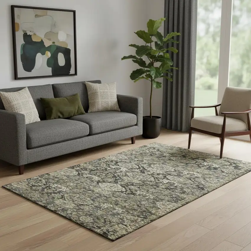 Charcoal And Gray Damask Washable Area Rug With UV Protection Photo 2