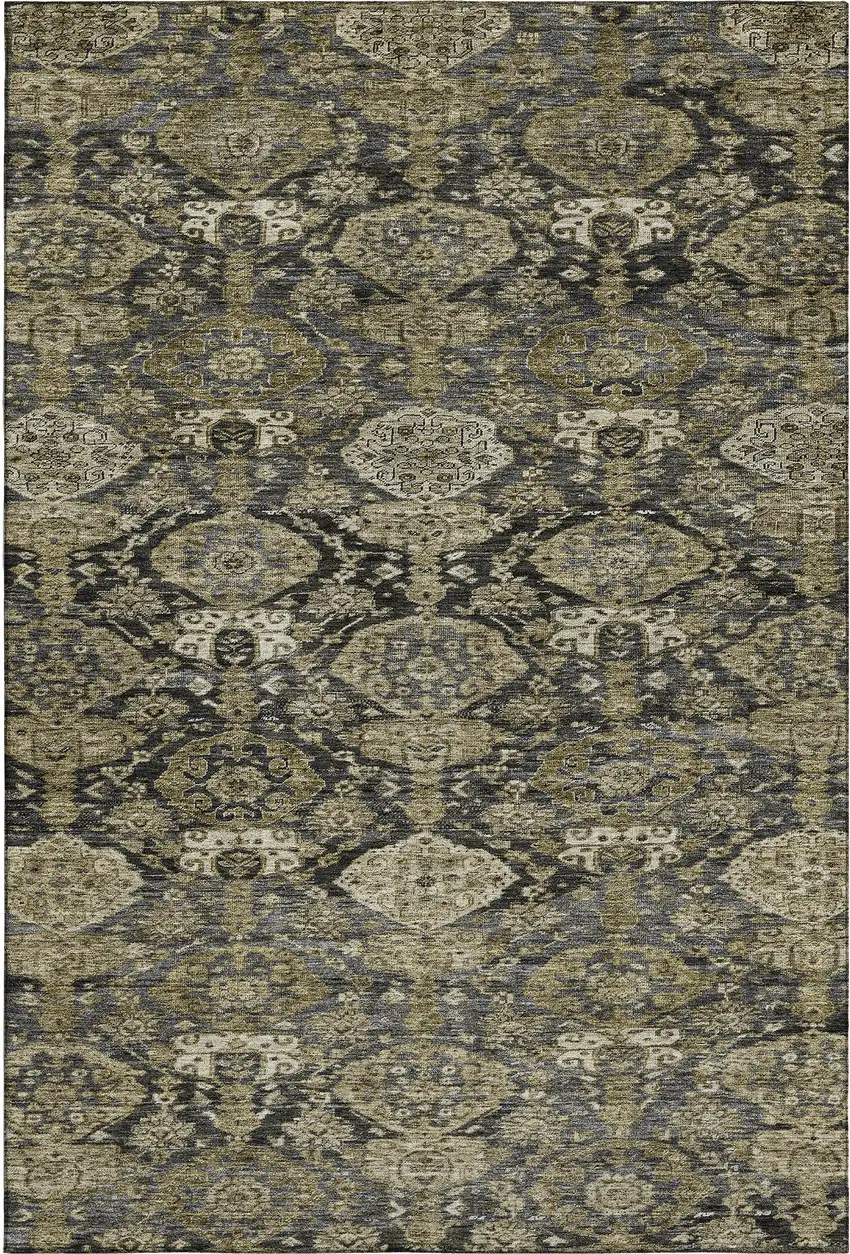 Charcoal And Gray Damask Washable Area Rug With UV Protection Photo 1