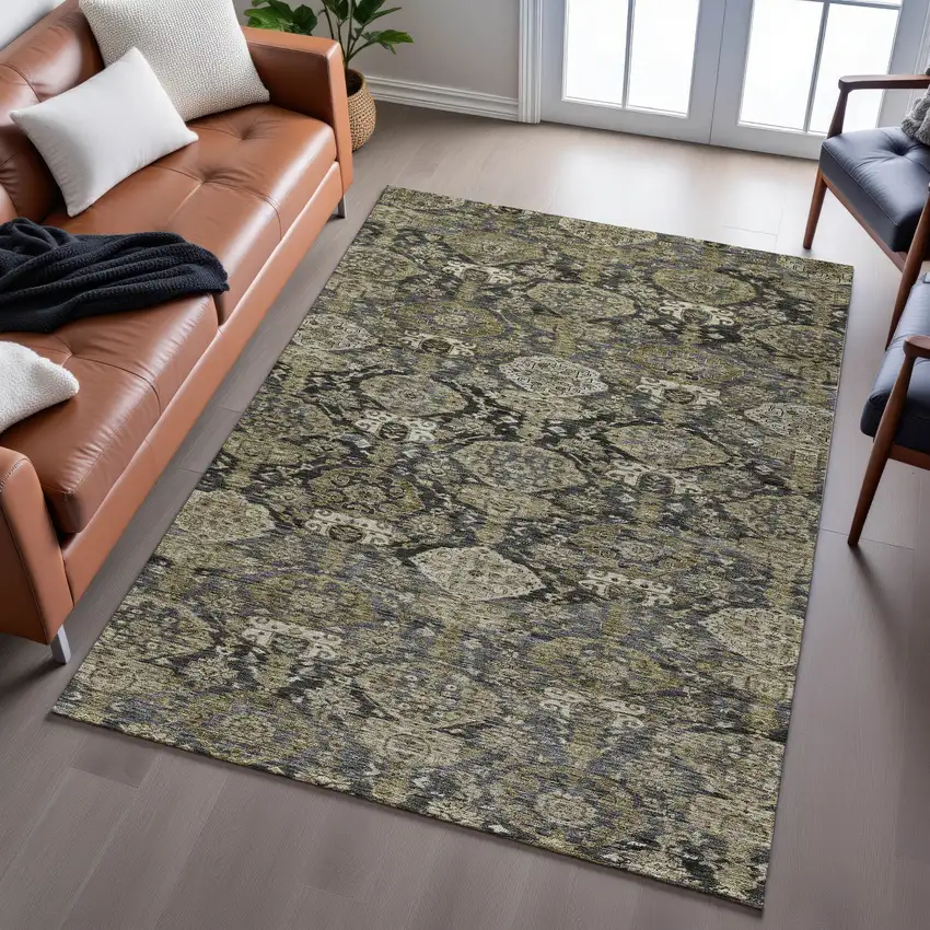 Charcoal And Gray Damask Washable Area Rug With UV Protection Photo 4