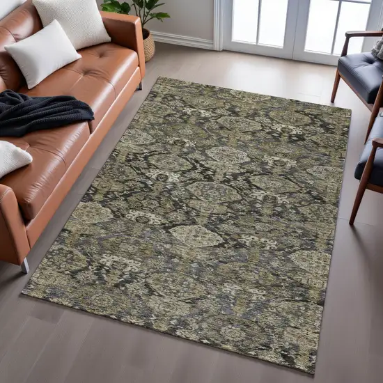Charcoal And Gray Damask Washable Area Rug With UV Protection Photo 5