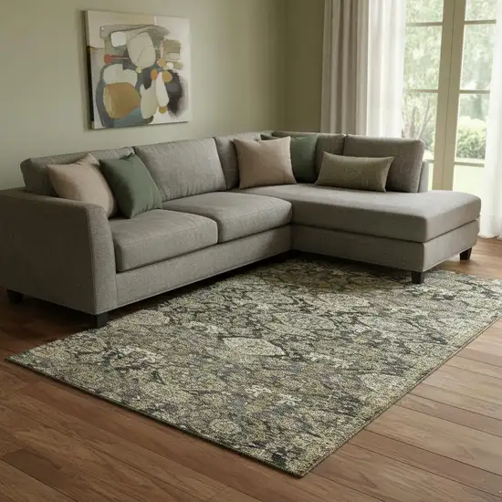 Charcoal And Gray Damask Washable Area Rug With UV Protection Photo 2