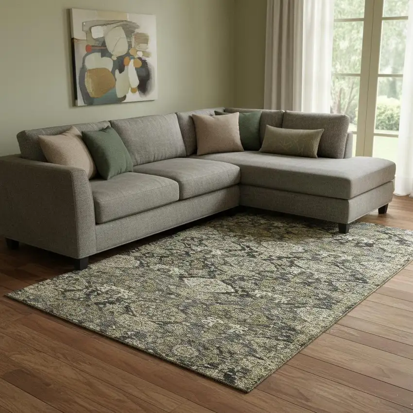 Charcoal And Gray Damask Washable Area Rug With UV Protection Photo 2