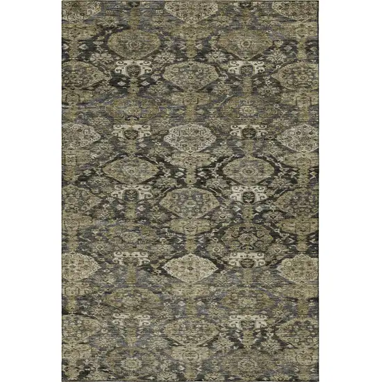 Charcoal And Gray Damask Washable Area Rug With UV Protection Photo 2