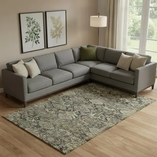 Charcoal And Gray Damask Washable Area Rug With UV Protection Photo 2