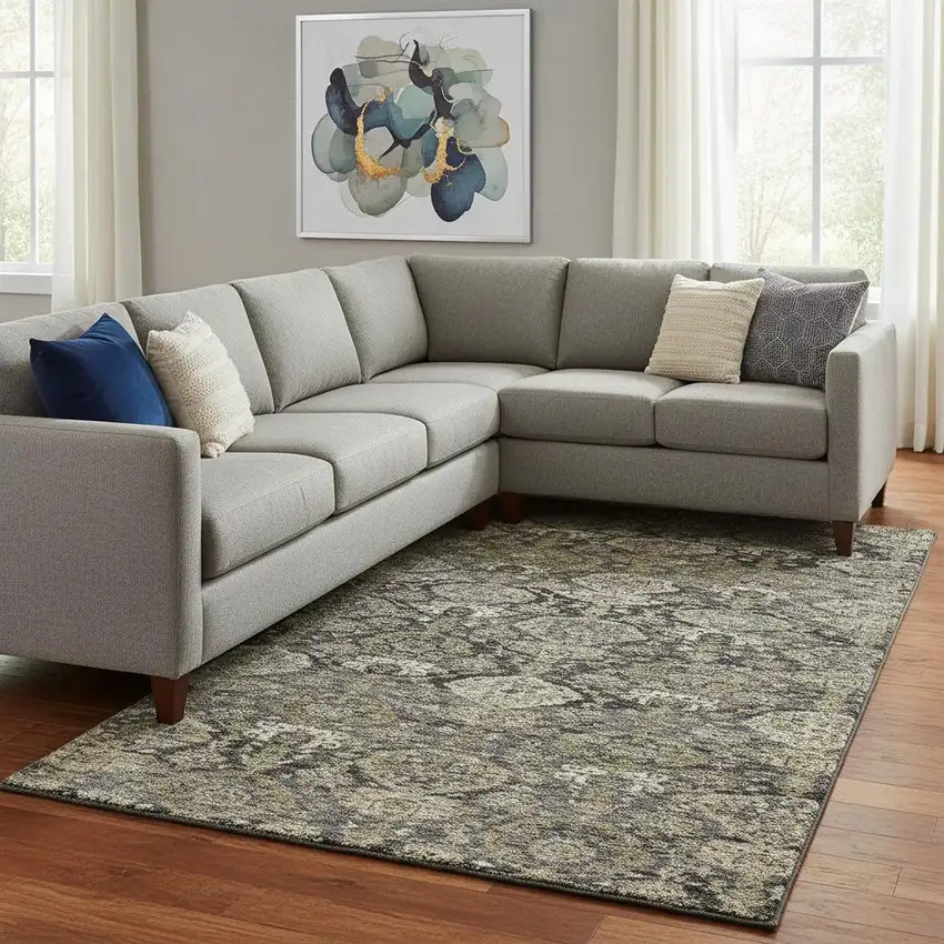 Charcoal And Gray Damask Washable Area Rug With UV Protection Photo 2